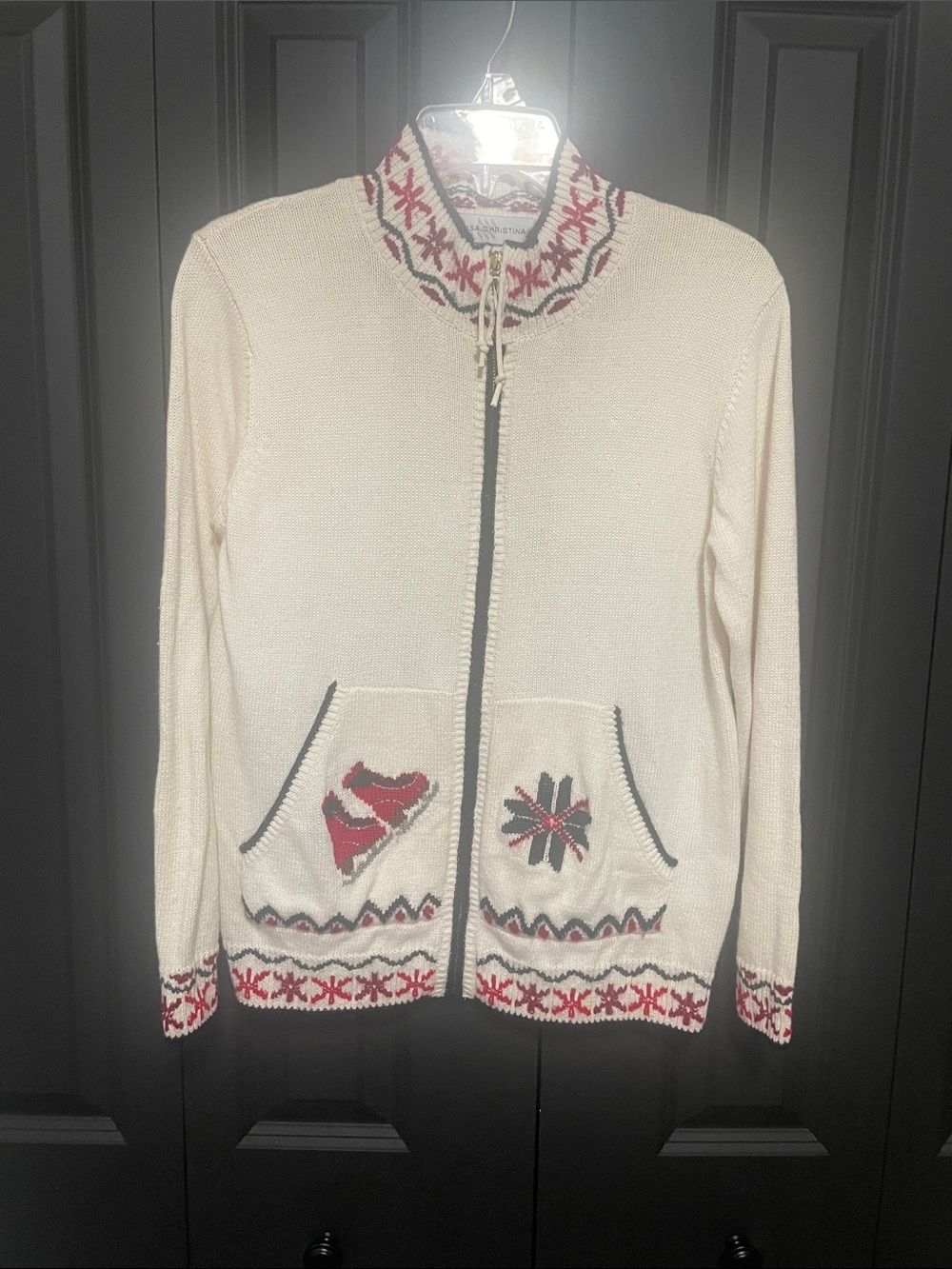 Vintage Christmas 2002 Cream Zip-Front Fair Isle Accent Sweater